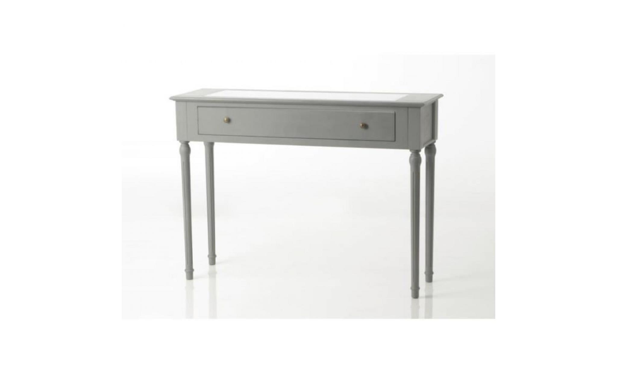 console chic 110 cm patine grise 1 tiroir dessus verre transparence gris