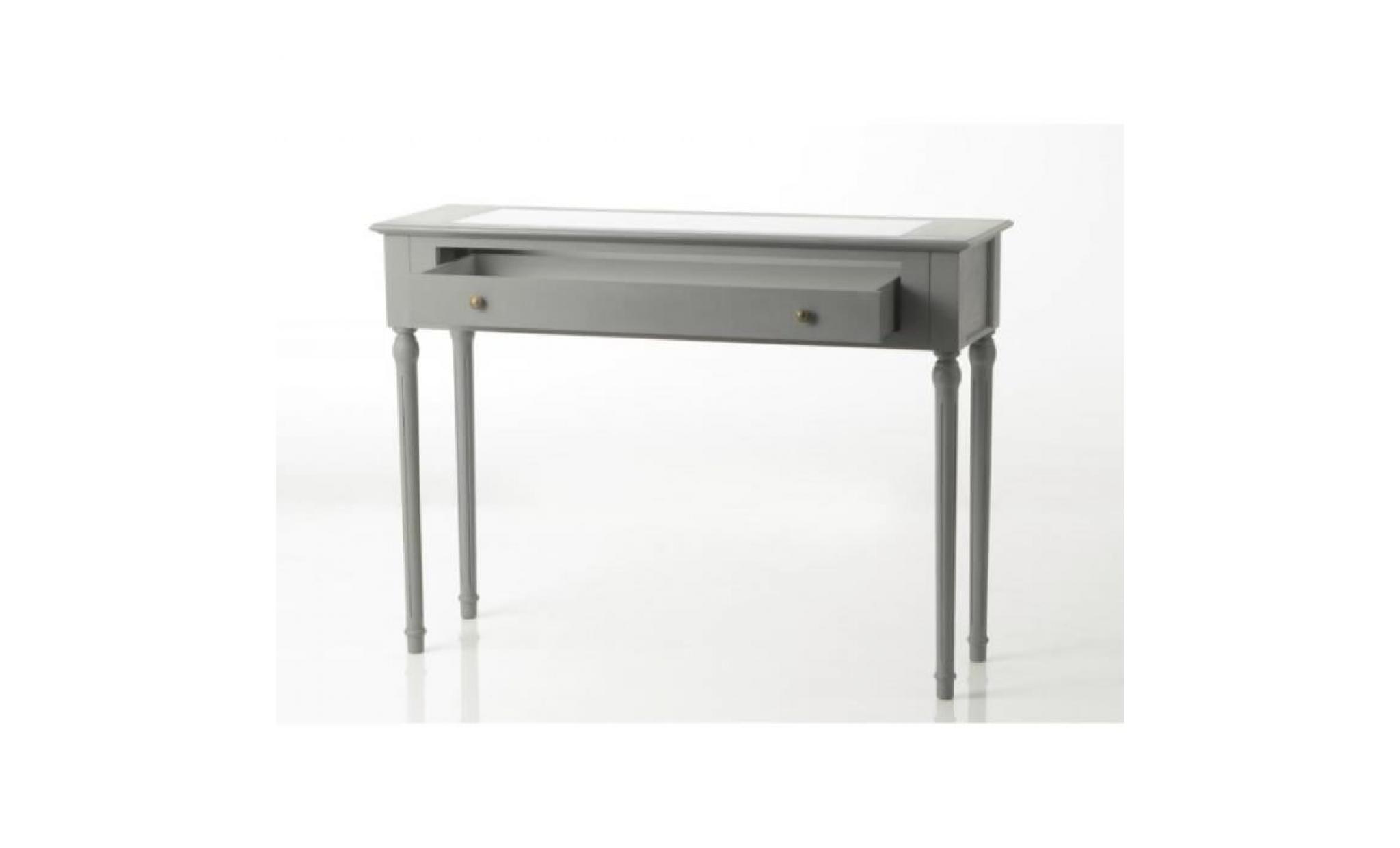 console chic 110 cm patine grise 1 tiroir dessus verre transparence gris pas cher