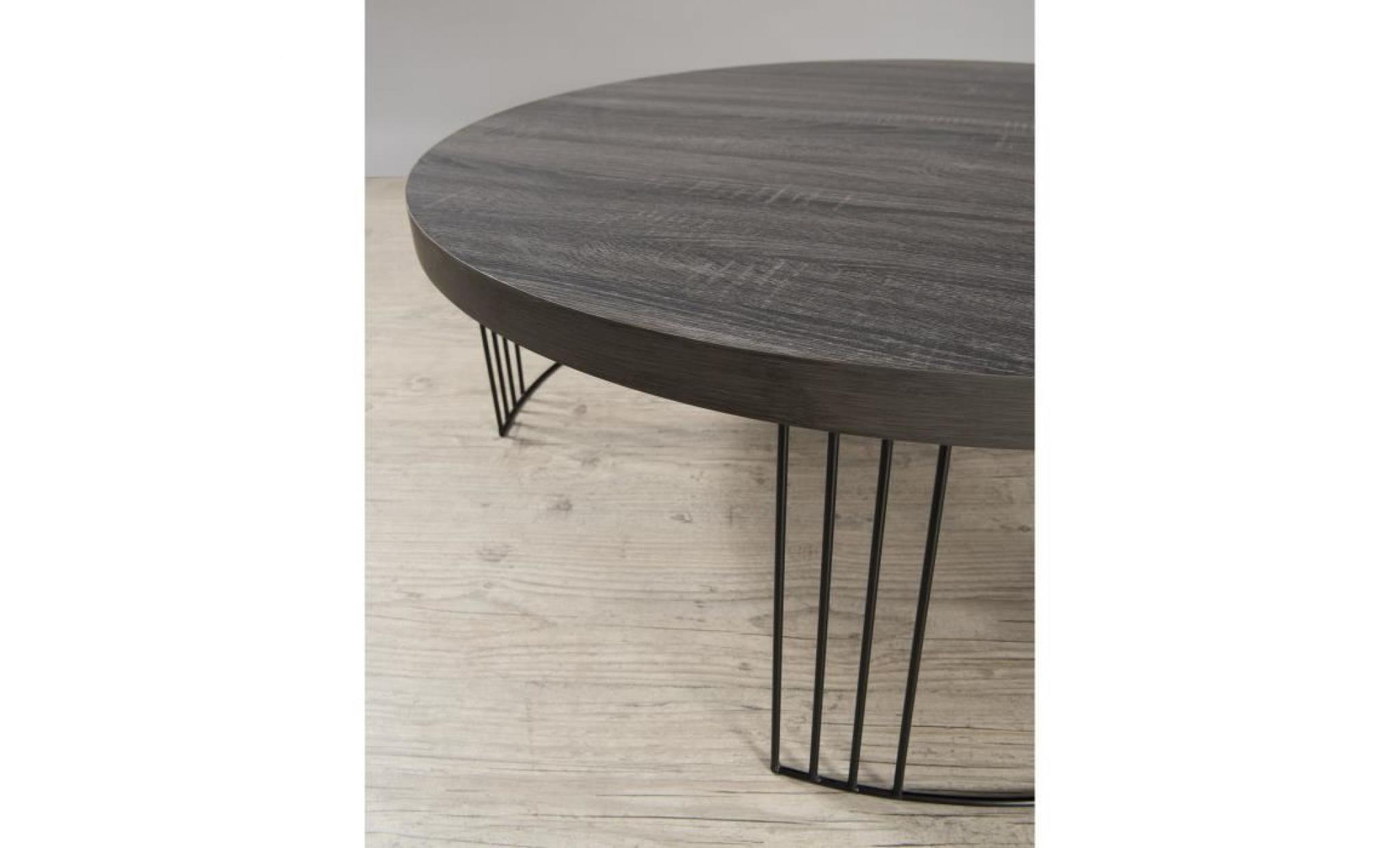 melbourne table basse ronde scandinave en mdf placage chêne verni et métal noir   95x95 cm pas cher