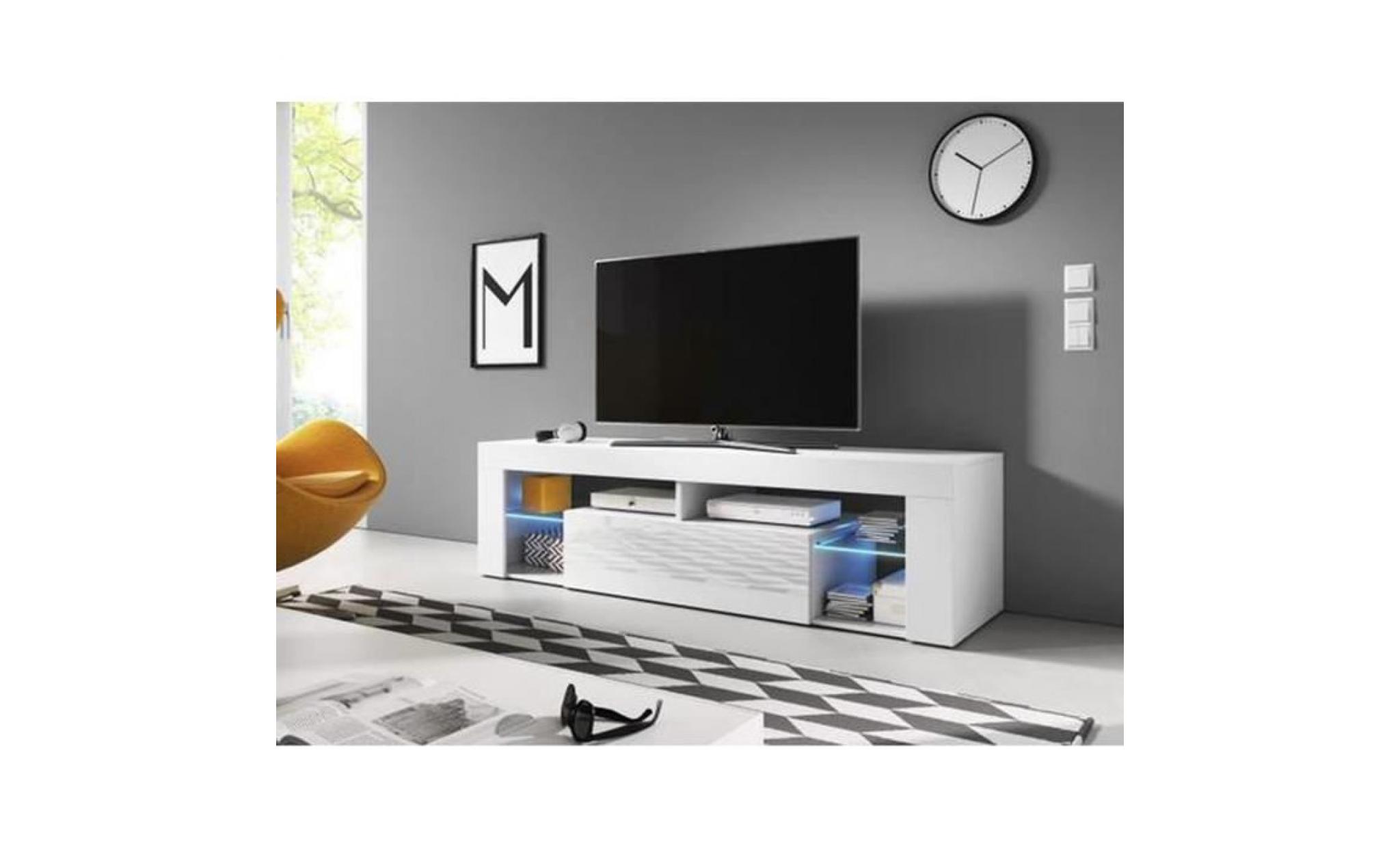 meuble tv avec éclairage led, coloris blanc blanc brillant   dim : 160 x 35 x 55 cm pas cher