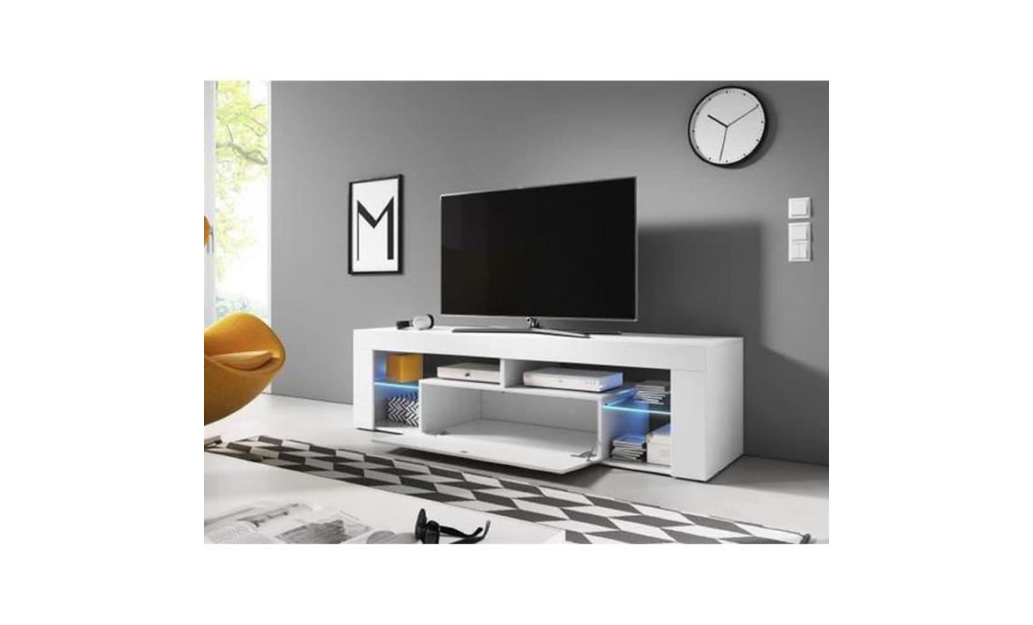 meuble tv avec éclairage led, coloris blanc blanc brillant   dim : 160 x 35 x 55 cm pas cher